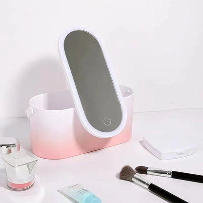 Elegant makeup-organizer med LED-spegel och touch-ljus – idealisk för resan och smart sminkförvaring