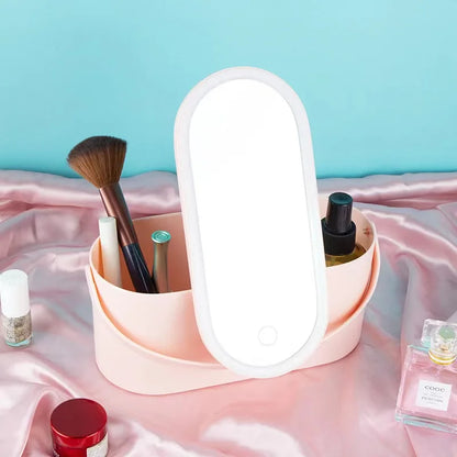 Elegant makeup-organizer med LED-spegel och touch-ljus – idealisk för resan och smart sminkförvaring