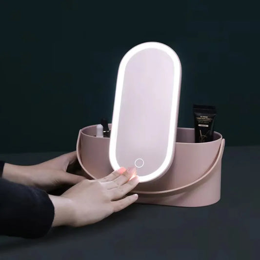 Elegant makeup-organizer med LED-spegel och touch-ljus – idealisk för resan och smart sminkförvaring